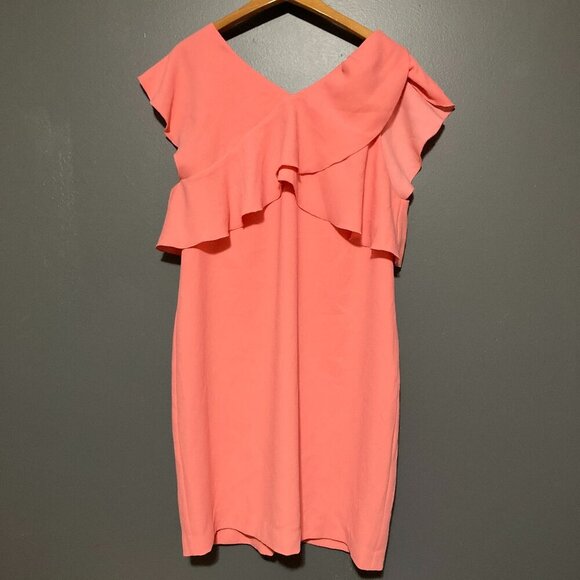 Trina Turk Women Size 16 Plus Pink Ruffle Dress Sheath Knee Flutter Sleeve - Picture 1 of 10